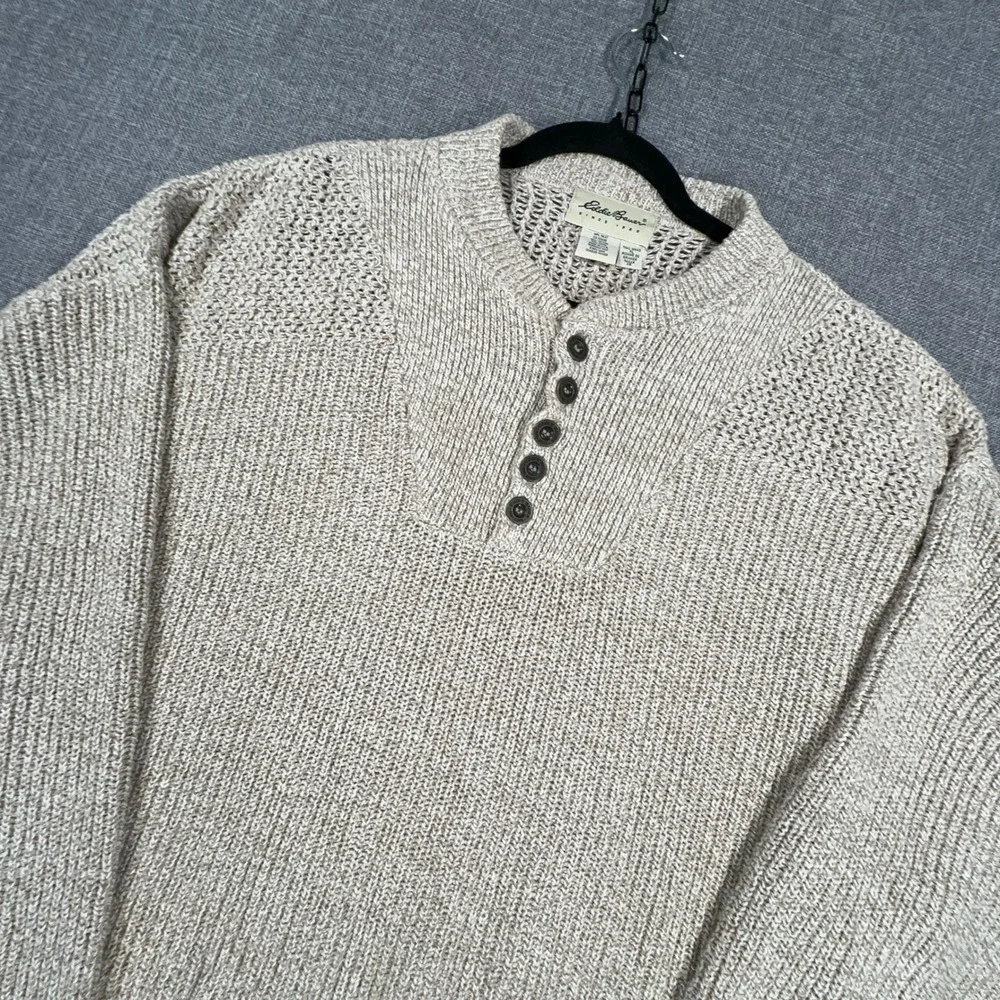 Vintage Eddie Bauer Henley Sweater Men XL Tall Cotton Knit Fisherman Made in USA
